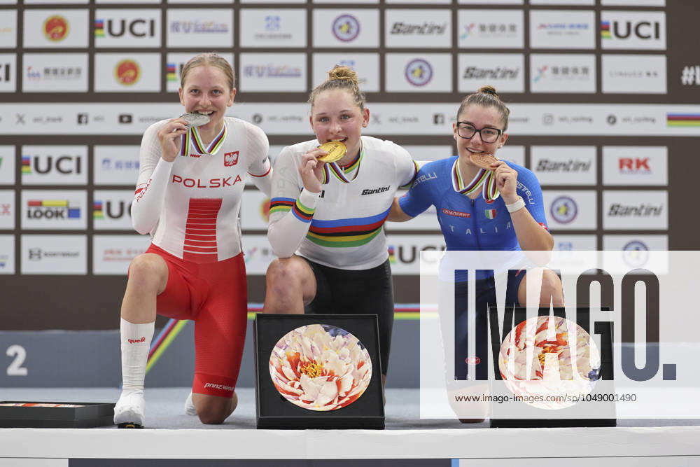 KW34 2024 UCI Junior Track World Championships Picture by Alex Whitehead SWpix.com - 22 08 2024 - Cycling - 2024 UCI Junior Track World Championships - Luoyang Velodrome, Henan Province, China - Womens Eliminaton Race Podium - Messane Bräutigam (Germany) on the podium receiving the Gold Medal becoming Junior World Champion with Gabriela Kaczmarczyk (Poland) receiving the Silver Medal and Anita Baima (Italy) receiving the Bronze Medal