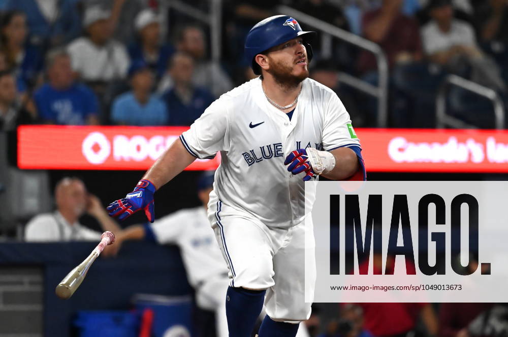 Toronto Blue Jays catcher Alejandro Kirk (30) hits a double against the Los Angeles Angels during eighth inning MLB, Baseball Herren, USA action in Toronto on Thursday, Aug 22, 2024. Alejandro Kirk - ZUMAc35_ 20240822_zaf_c35_306