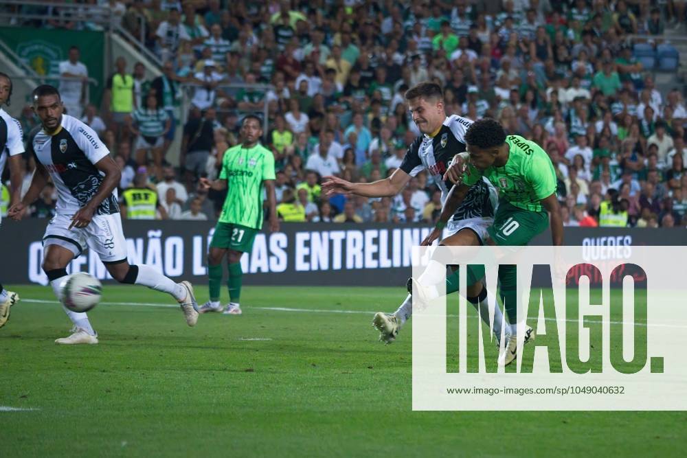 Algarve Stadium, Loule, Portugal, Sporting Clube Farense v Sporting Clube de Portugal, Liga Portugal Betclic, Week 3 August 23, 2024, Loule, Portugal: Marcus Edwards 10 of Sporting Clube de Portugal shooting a goal and in action during the Liga Portugal Betclic week 3 football match between Sporting Clube Farense and Sporting Clube de Portugal at Algarve Stadium.