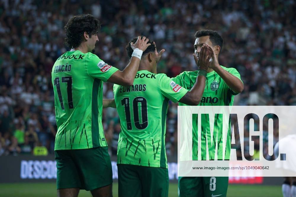 Algarve Stadium, Loule, Portugal, Sporting Clube Farense v Sporting Clube de Portugal, Liga Portugal Betclic, Week 3 August 23, 2024, Loule, Portugal: Marcus Edwards 10, Pedro Goncalves 8 and Francisco Trincao 17 of Sporting Clube de Portugal in action during the Liga Portugal Betclic week 3 football match between Sporting Clube Farense and Sporting Clube de Portugal at Algarve Stadium.