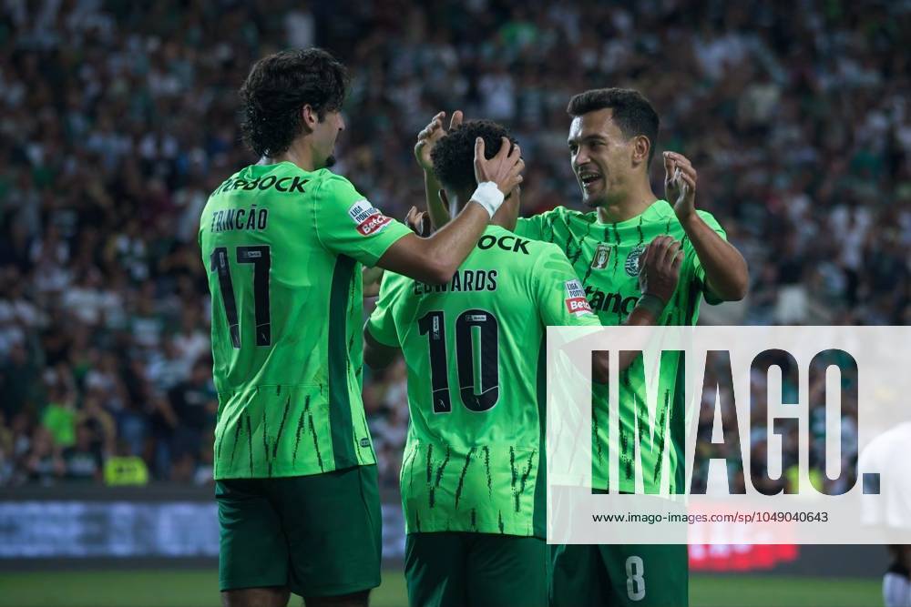 Algarve Stadium, Loule, Portugal, Sporting Clube Farense v Sporting Clube de Portugal, Liga Portugal Betclic, Week 3 August 23, 2024, Loule, Portugal: Marcus Edwards 10, Pedro Goncalves 8 and Francisco Trincao 17 of Sporting Clube de Portugal in action during the Liga Portugal Betclic week 3 football match between Sporting Clube Farense and Sporting Clube de Portugal at Algarve Stadium.
