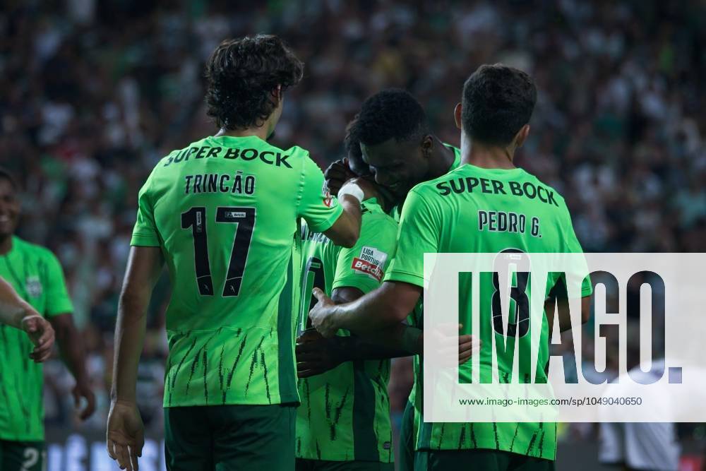 Algarve Stadium, Loule, Portugal, Sporting Clube Farense v Sporting Clube de Portugal, Liga Portugal Betclic, Week 3 August 23, 2024, Loule, Portugal: Marcus Edwards 10, Pedro Goncalves 8, Ousmane Diomande 26 and Francisco Trincao 17 of Sporting Clube de Portugal in action during the Liga Portugal Betclic week 3 football match between Sporting Clube Farense and Sporting Clube de Portugal at Algarve Stadium.