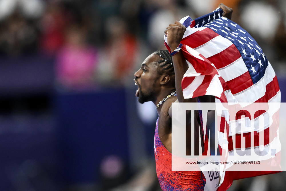 Noah Lyles of United States of America celebrates after winning the 100 meters men final during the Paris 2024 Olympic Games, Olympische Spiele, Olympia, OS at Stade de France in Paris (France)