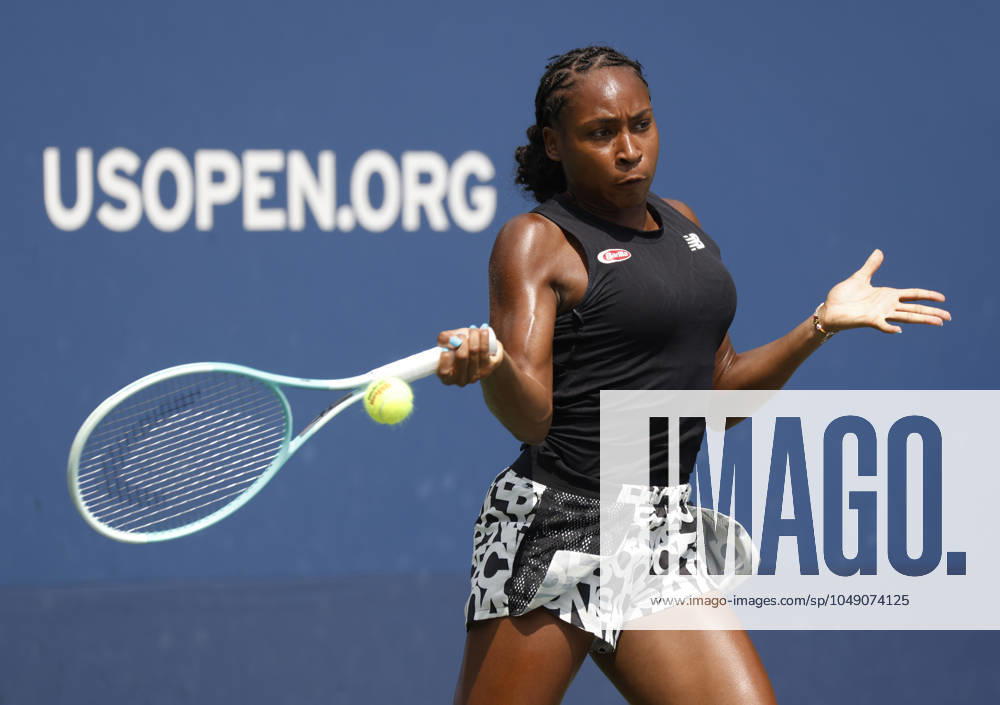 Coco Gauff returns a ball on the practice courts at the 2024 US Open Tennis Championships in at the USTA Billie Jean King National Tennis Center on Saturday, August 24, 2024 in New York City. NYP20240824112 JOHNxANGELILLO