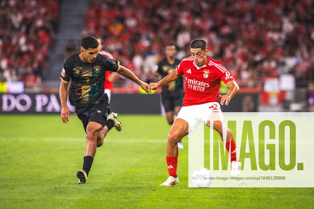 SL Benfica Vs CF Estrela da Amadora in Lisbon, Portugal - 24 Aug 2024 Tiago Gouveia of SL Benfica (R) with Danilo Veiga of CF Estrela da Amadora (L) in action during the Liga Portugal Betclic match between SL Benfica and CF Estrela da Amadora at Estadio da Luz. Final score: SL Benfica 1 - 0 CF Estrela da Amadora Lisbon Portugal