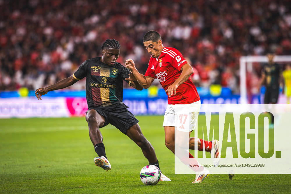 SL Benfica Vs CF Estrela da Amadora in Lisbon, Portugal - 24 Aug 2024 Tiago Gouveia of SL Benfica (R) and Manuel Keliano of CF Estrela da Amadora (L) in action during the Liga Portugal Betclic match between SL Benfica and CF Estrela da Amadora at Estadio da Luz. Final score: SL Benfica 1 - 0 CF Estrela da Amadora Lisbon Portugal