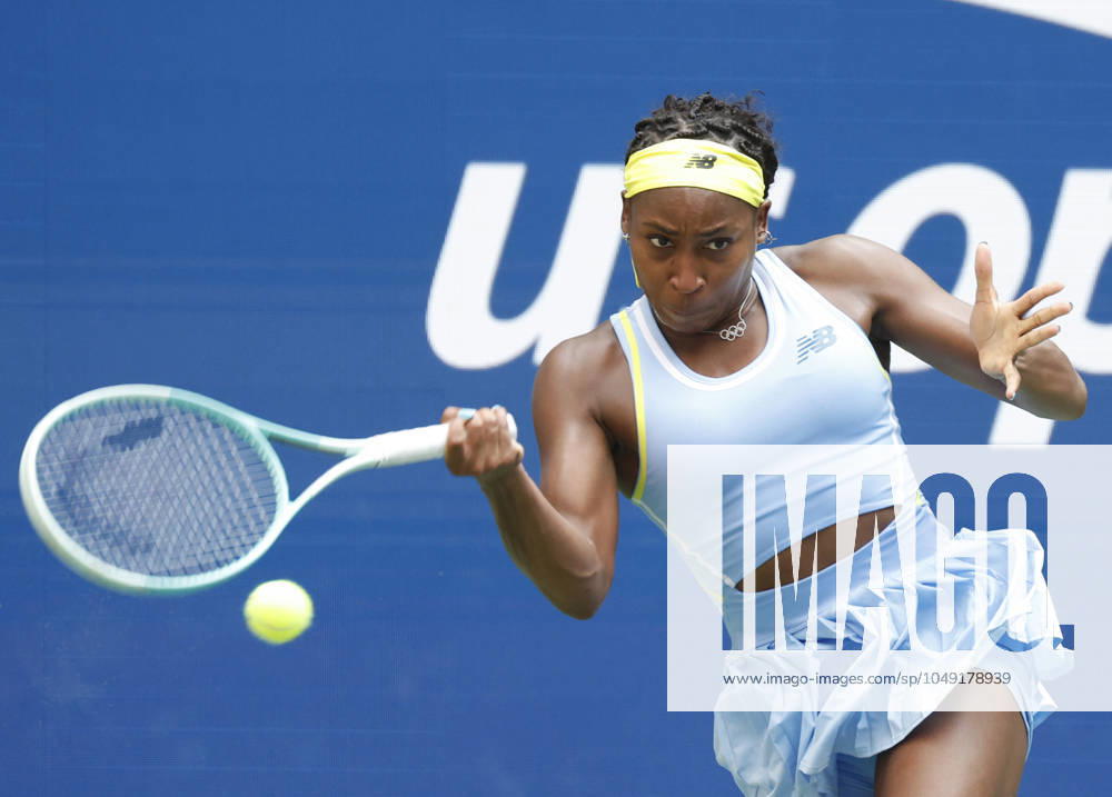 Coco Gauff hits a forehand in the second set before defeating Varvara Gracheva of France in straight sets in the first round of the 2024 US Open Tennis Championships in at the USTA Billie Jean King National Tennis Center on Saturday, August 26, 2024 in New York City. NYP20240826101 JOHNxANGELILLO