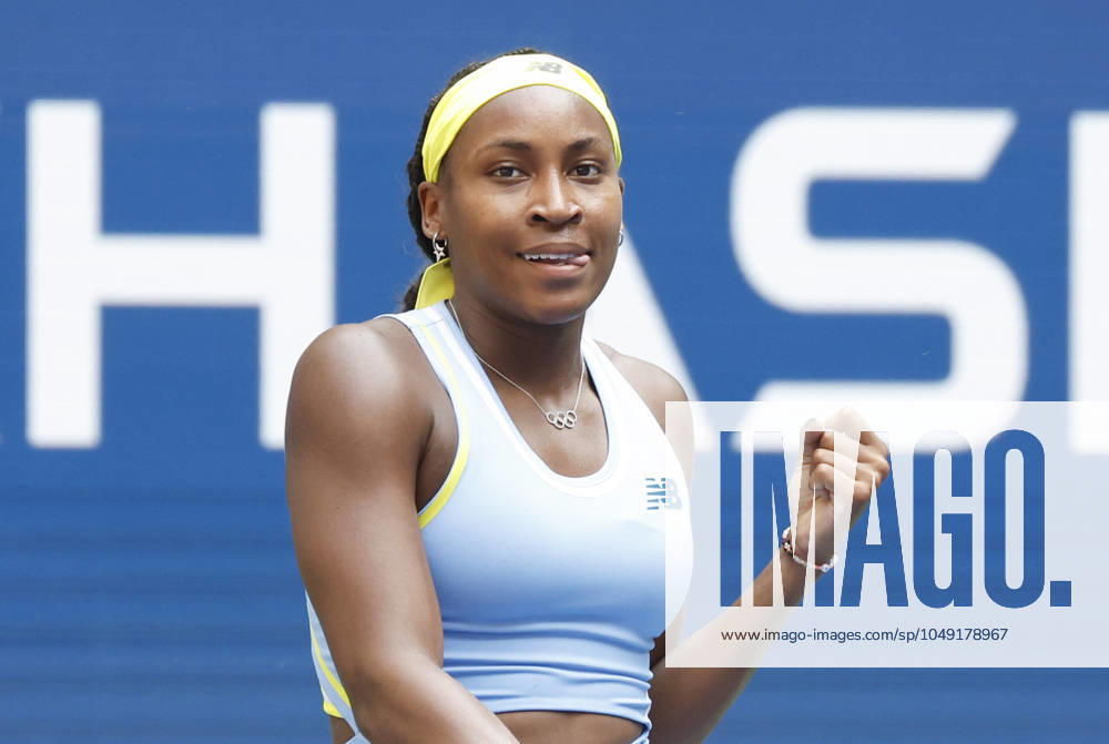 Coco Gauff celebrates after match point defeating Varvara Gracheva of France in the first round of the 2024 US Open Tennis Championships in at the USTA Billie Jean King National Tennis Center on Saturday, August 26, 2024 in New York City. NYP20240826103 JOHNxANGELILLO