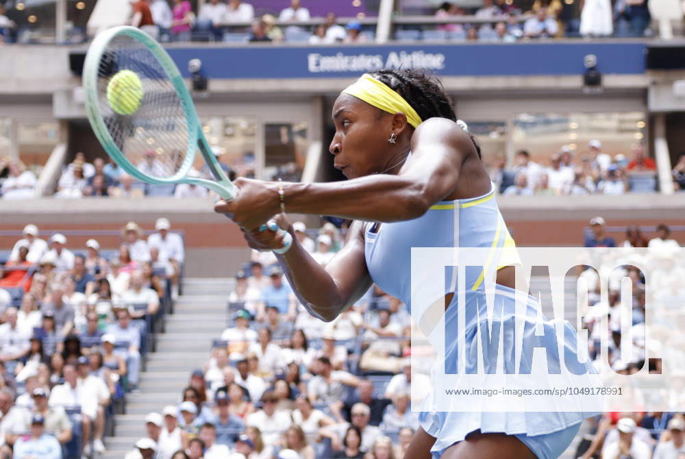 Coco Gauff returns a ball in the second set before defeating Varvara Gracheva of France in straight sets in the first round of the 2024 US Open Tennis Championships in at the USTA Billie Jean King National Tennis Center on Saturday, August 26, 2024 in New York City. NYP20240826105 JOHNxANGELILLO