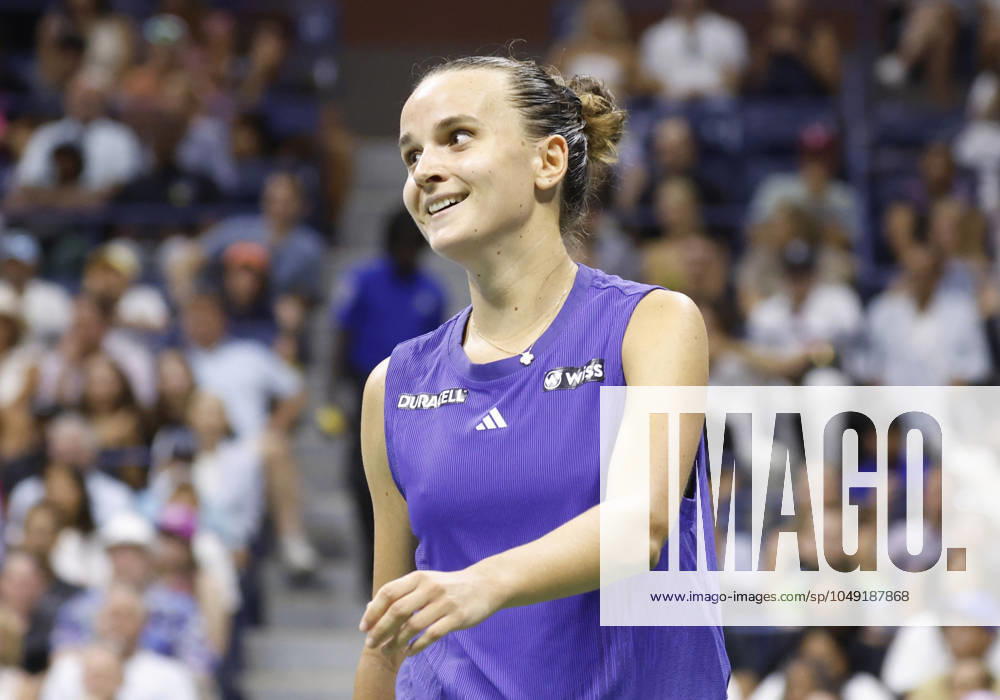 Clara Burel of France reacts after match point defeating Sloane Stephens in straight sets in Arthur Ashe Stadium in the first round of the 2024 US Open Tennis Championships in at the USTA Billie Jean King National Tennis Center on Monday, August 26, 2024 in New York City. NYP20240826122 JOHNxANGELILLO