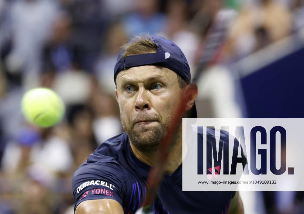 Radu Albot of Moldova returns a ball to Novak Djokovic of Serbia in Arthur Ashe Stadium in the first round of the 2024 US Open Tennis Championships in at the USTA Billie Jean King National Tennis Center on Monday, August 26, 2024 in New York City. NYP20240826126 JOHNxANGELILLO
