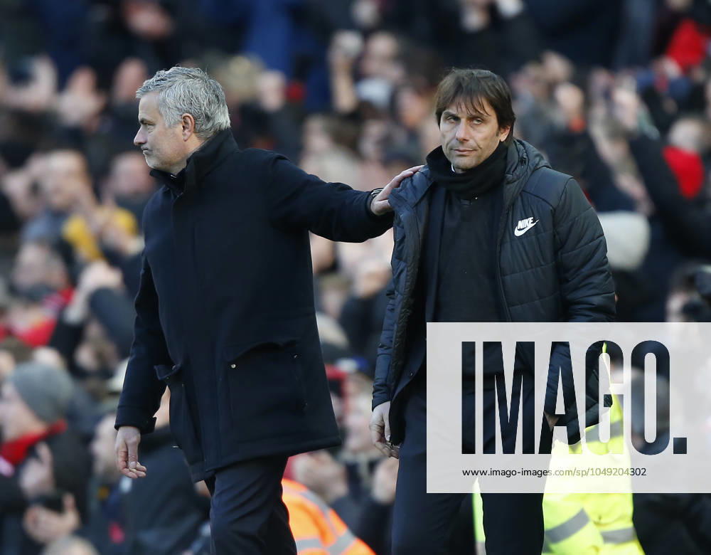 Manchester United, ManU v Chelsea - Old Trafford Stadium - Manchester February 25, 2018 - Manchester, United Kingdom - Jose Mourinho manager of Manchester United consoles Antonio Conte manager of Chelsea during the premier league match at the Old Trafford Stadium, Manchester. Picture date 25th February 2018. Picture credit should read: Simon Bellis Sportimage Manchester United Kingdom