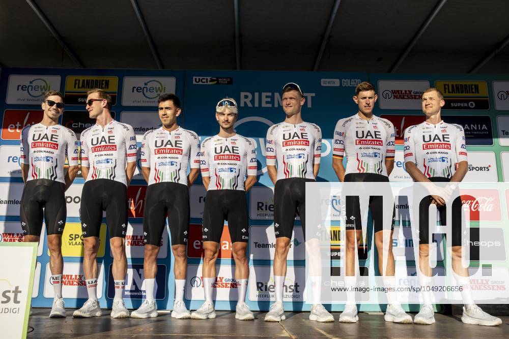 UAE Team Emirates riders pictured during the presentation of the teams ahead of the Renewi Tour multi-stage cycling race, from Riemst to Bilzen (163,6 km) on Tuesday 27 August 2024. The five-day race takes place in Belgium and the Netherlands. DAVIDxPINTENS x99193570x
