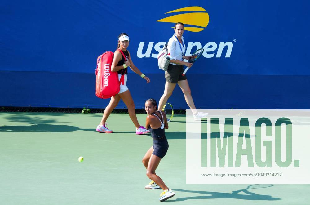 Emma Raducanu walks past Leylah Fernandez on the practice courts - Raducanu beat Fernandez when she won the US Open title in 2021 US Open Championships 2024, Day Two, Flushing Meadows, New York, USA - 27 Aug 2024