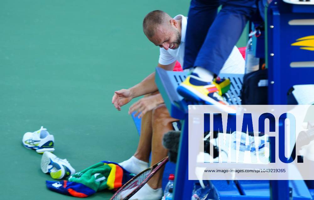 An exhausted Dan Evans after his record breaking first round win over Karen Khachanov, the longest match in US Open history US Open Championships 2024, Day Two, Flushing Meadows, New York, USA - 27 Aug 2024