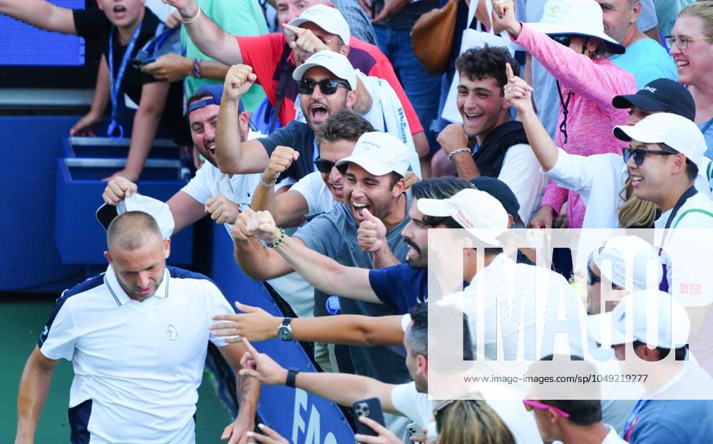 Dan Evans celebrates his record-breaking first round win over Karen Khachanov with fans, the longest ever US Open match US Open Championships 2024, Day Two, Flushing Meadows, New York, USA - 27 Aug 2024