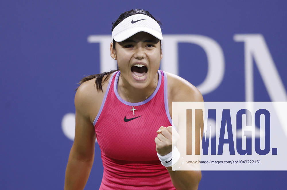 Emma Raducanu of the United Kingdom celebrates after winning a point in her first round defeat to Sofia.Kenin at the 2024 US Open Tennis Championships in at the USTA Billie Jean King National Tennis Center on Tuesday, August 27, 2024 in New York City. NYP20240827103 JOHNxANGELILLO