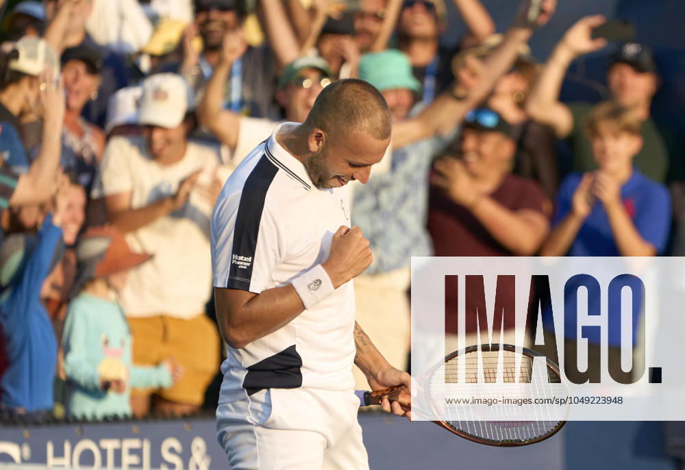 US Open Tennis 2024 Dan Evans celebrates match point against Karen Khachanov after the longest match in US Open history in the first round on court 6 at the 2024 US Open Tennis Championships at the National Tennis centre, New York, New York, 27 Aug 2024., Credit:Peter van den Berg Avalon USA, New York, New York, National Tennis Centre