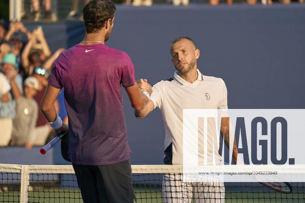 US Open Tennis 2024 Dan Evans at the net with Karen Khachanov after the longest match in US Open history in the first round on court 6 at the 2024 US Open Tennis Championships at the National Tennis centre, New York, New York, 27 Aug 2024., Credit:Peter van den Berg Avalon USA, New York, New York, National Tennis Centre