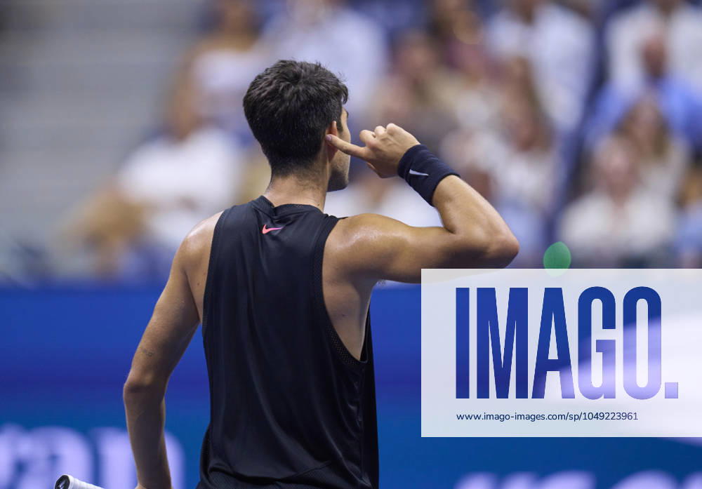 US Open Tennis 2024 Carlos Alcaraz (ESP) reacts to the crowd when playing against Li Tu (AUS) in the first round on Arthur Ashe Stadium at the 2024 US Open Tennis Championships at the National Tennis centre, New York, New York, 27 Aug 2024., Credit:Peter van den Berg Avalon USA, New York, New York, National Tennis Centre