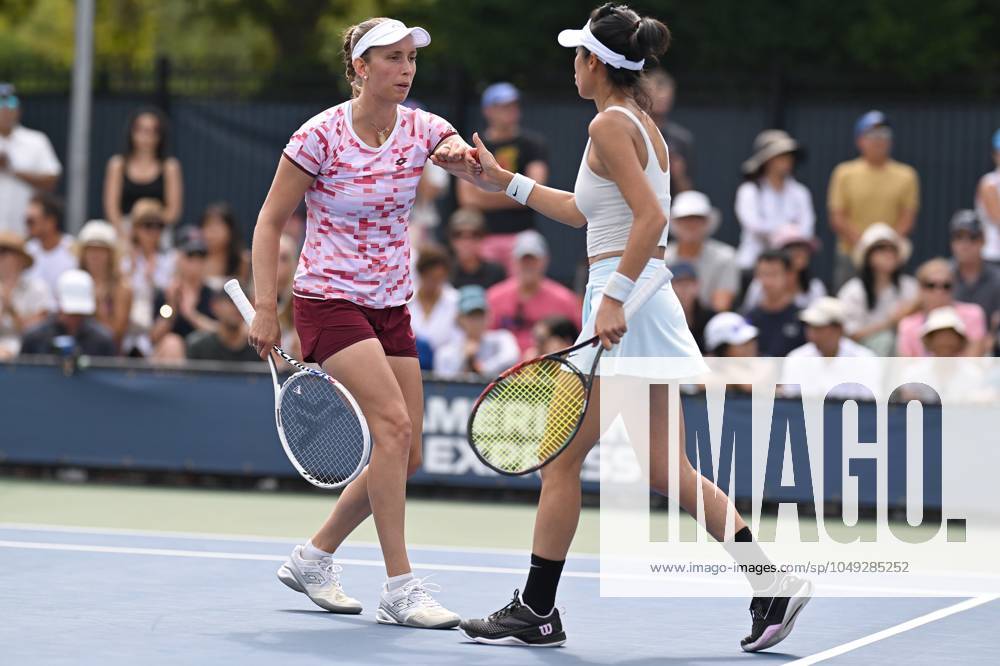 Elise Mertens of Belgium (pink) and Su-Wei Hsieh of Taipei play against Kristina Mladenovic of France and Shuai Zhang of China in the Women s Doubles: Round 1 at the 2024 U.S. Open tennis tournament at USTA Billie Jean King National Tennis Center, New York, NY, August 29, 2024. (Photo by Anthony Behar Sipa USA) ANTHONYxBEHAR x0757900276stx