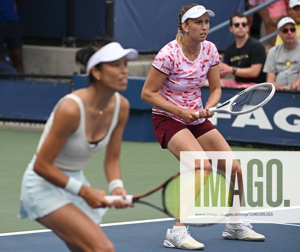 Elise Mertens of Belgium (pink) and Su-Wei Hsieh of Taipei play against Kristina Mladenovic of France and Shuai Zhang of China in the Women s Doubles: Round 1 at the 2024 U.S. Open tennis tournament at USTA Billie Jean King National Tennis Center, New York, NY, August 29, 2024. (Photo by Anthony Behar Sipa USA) ANTHONYxBEHAR x0757900288stx