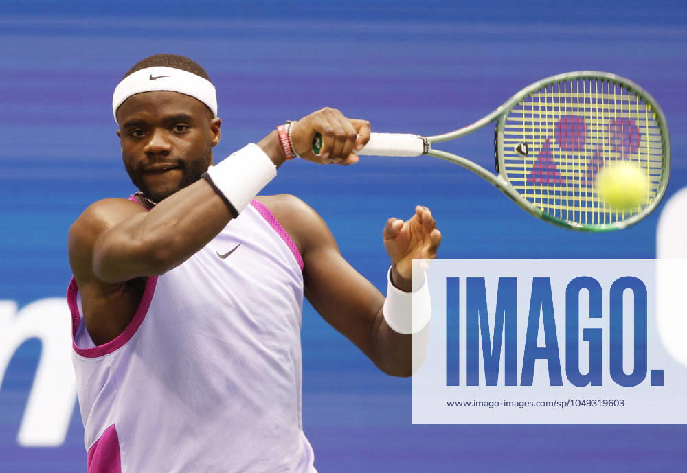 Frances Tiafoe returns a ball to Ben Shelton before defeating him in 5 sets in the third round in Arthur Ashe Stadium of the 2024 US Open Tennis Championships in at the USTA Billie Jean King National Tennis Center on Friday, August 30, 2024 in New York City. NYP20240830109 JOHNxANGELILLO
