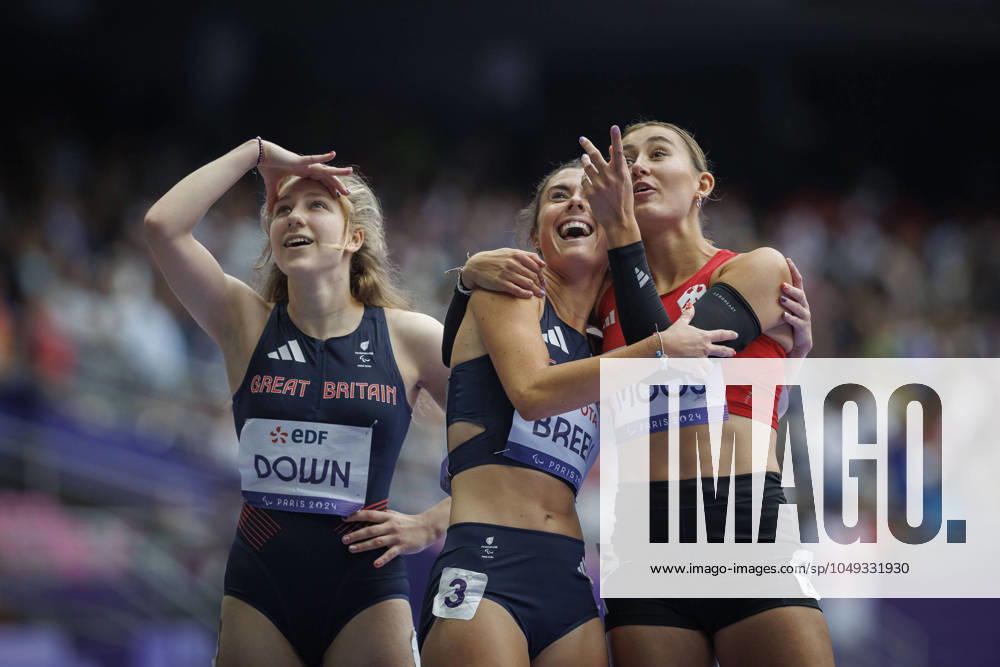 Paralympics Para Athletics Paris, 31 08 24 MOOS Nele T38 GER Para Athletics , BREEN Olivia GB and DOWN Maddie GB , Paralympics Para Athletics on 31 08 24 at the Stade de France in Paris France