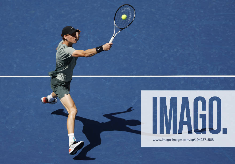 Jannik Sinner of Italy hits a volley at net in the first set before defeating Christopher O Connell of Australia in the third round in Arthur Ashe Stadium of the 2024 US Open Tennis Championships in at the USTA Billie Jean King National Tennis Center on Saturday, August 31, 2024 in New York City. NYP20240831109 JOHNxANGELILLO