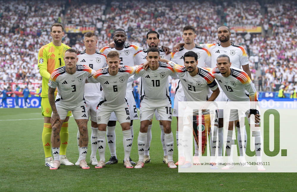 Spain v Germany: Quarter-Final - UEFA EURO, EM, Europameisterschaft,Fussball 2024 STUTTGART, GERMANY - JULY 5: The Germany team, back row l-r, Manuel Neuer, Toni Kroos, Antonio Rudiger, Emre Can, Kai Havertz, Jonathan Tah, front row l-r, David Raum, Joshua Kimmich, Jamal Musiala, Ilkay Gundogan, Leroy Sane line up before the UEFA EURO 2024 quarter-final match between Spain and Germany at Stuttgart Arena on July 5, 2024 in Stuttgart, Germany. Stuttgart Stuttgart Arena Baden-Wuerttemberg Germany