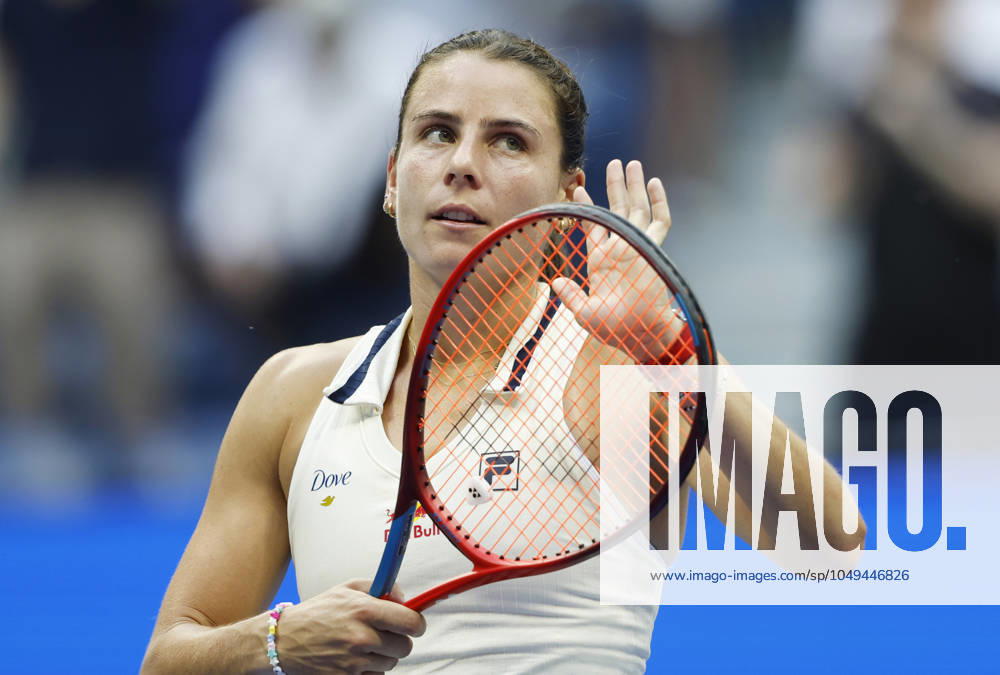 Emma Navarro celebrates after match point after defeating Coco Gauff in 3 sets in the 4th round in Arthur Ashe Stadium of the 2024 US Open Tennis Championships in at the USTA Billie Jean King National Tennis Center on Sunday, September 1, 2024 in New York City. NYP20240901107 JOHNxANGELILLO