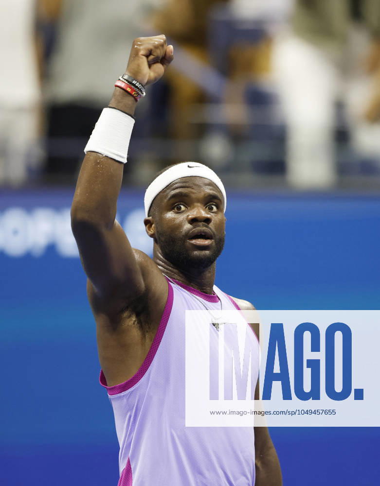 Frances Tiafoe celebrates after match point defeating Alexei Popyrin of Australia in 4 sets in the 4th round in Arthur Ashe Stadium of the 2024 US Open Tennis Championships in at the USTA Billie Jean King National Tennis Center on Sunday, September 1, 2024 in New York City. NYP20240901132 JOHNxANGELILLO
