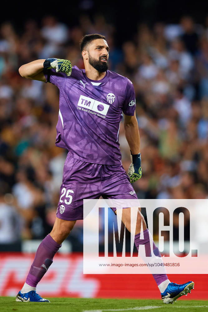 Valencia CF v Villarreal CF - La Liga EA Sports Giorgi Mamardashvili of Valencia CF reacts during the LaLiga EA Sports match between Valencia CF and Villarreal CF at Mestalla stadium in Valencia, Spain, on August 31, 2024. Valencia Spain