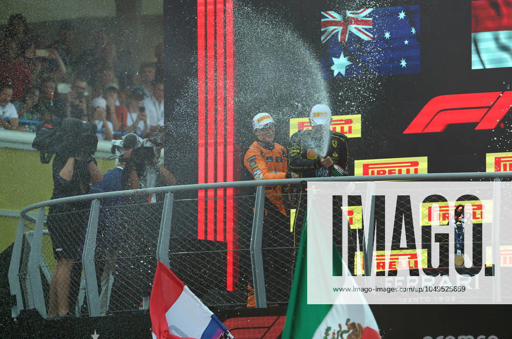 Motorsport FIA Formula 1, Italian Grand Prix 2024, v l Oscar Piastri McLaren starting number 81 Charles Leclerc Ferrari starting number 16 Lando Norris McLaren starting number 04 on the podium Monza