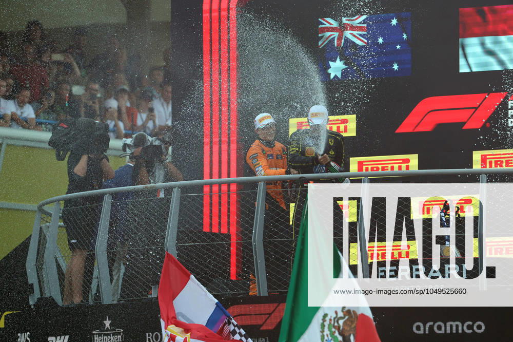 Motorsport FIA Formula 1, Italian Grand Prix 2024, v l Oscar Piastri McLaren starting number 81 Charles Leclerc Ferrari starting number 16 Lando Norris McLaren starting number 04 on the podium Monza