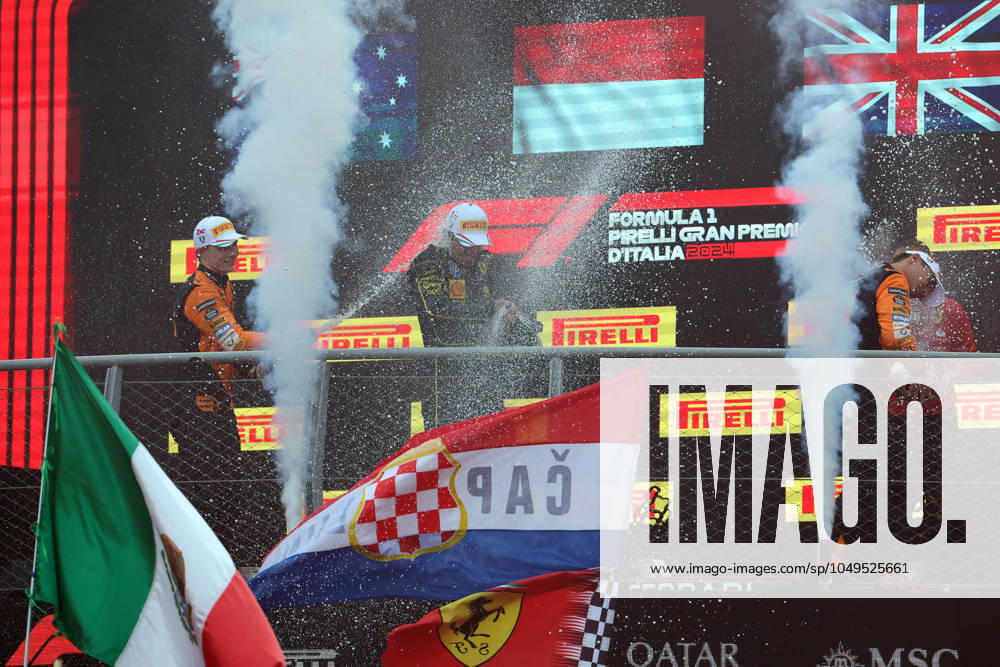 Motorsport FIA Formula 1, Italian Grand Prix 2024, v l Oscar Piastri McLaren starting number 81 Charles Leclerc Ferrari starting number 16 Lando Norris McLaren starting number 04 on the podium Monza