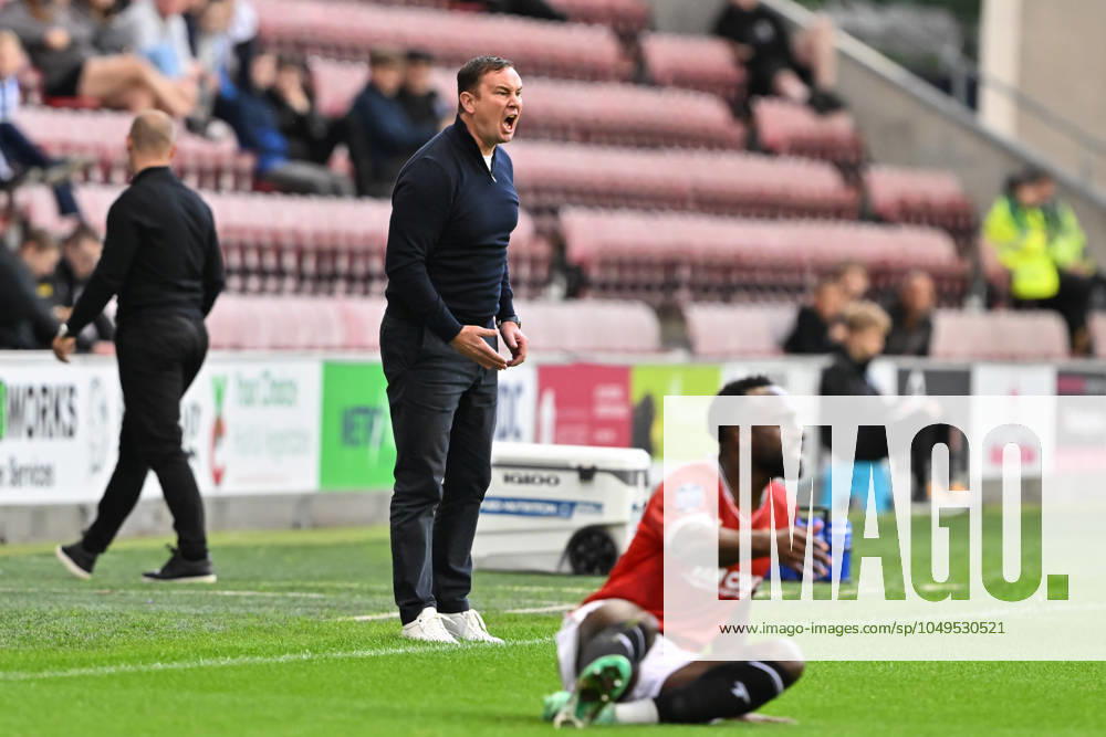 Bristol Street Motors Trophy Wigan Athletic v Morecambe Derek Adams manager of Morecambe reacts during the Bristol Street Motors Trophy match Wigan Athletic vs Morecambe at DW Stadium, Wigan, United Kingdom, 3rd September 2024 (Photo by Cody Froggatt News Images) Wigan DW Stadium Greater Manchester United, ManU Kingdom