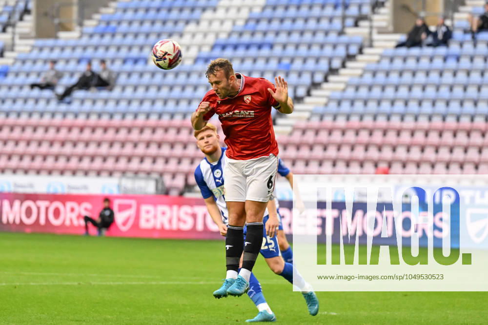 Bristol Street Motors Trophy Wigan Athletic v Morecambe Jamie Stott of Morecambe heads the ball during the Bristol Street Motors Trophy match Wigan Athletic vs Morecambe at DW Stadium, Wigan, United Kingdom, 3rd September 2024 (Photo by Cody Froggatt News Images) Wigan DW Stadium Greater Manchester United, ManU Kingdom