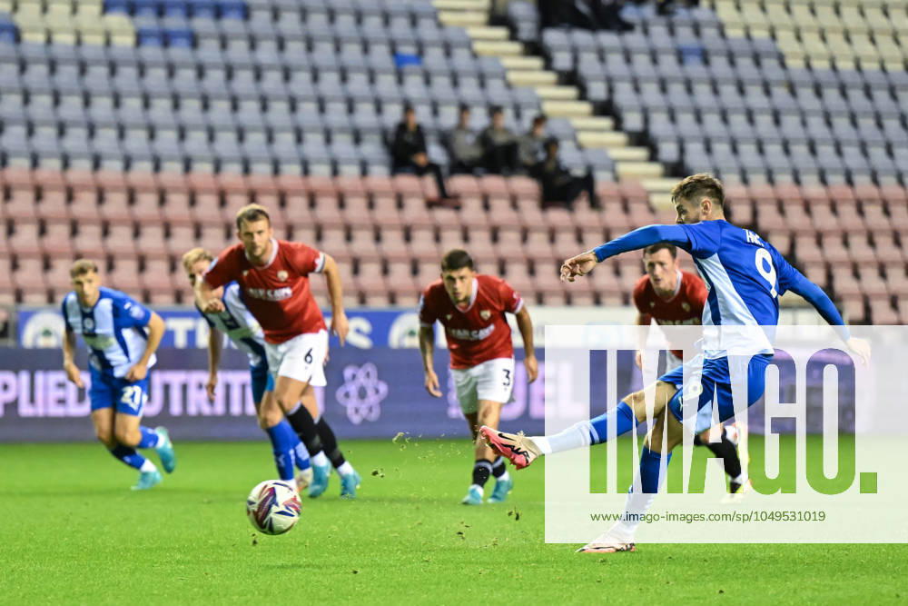 Bristol Street Motors Trophy Wigan Athletic v Morecambe Joe Hugill of Wigan Athletic scores a goal to make it 1-1 during the Bristol Street Motors Trophy match Wigan Athletic vs Morecambe at DW Stadium, Wigan, United Kingdom, 3rd September 2024 (Photo by Cody Froggatt News Images) Wigan DW Stadium Greater Manchester United, ManU Kingdom