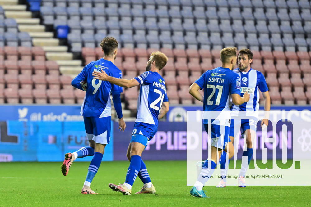 Bristol Street Motors Trophy Wigan Athletic v Morecambe Joe Hugill of Wigan Athletic celebrates his goal to make it 1-1 during the Bristol Street Motors Trophy match Wigan Athletic vs Morecambe at DW Stadium, Wigan, United Kingdom, 3rd September 2024 (Photo by Cody Froggatt News Images) Wigan DW Stadium Greater Manchester United, ManU Kingdom