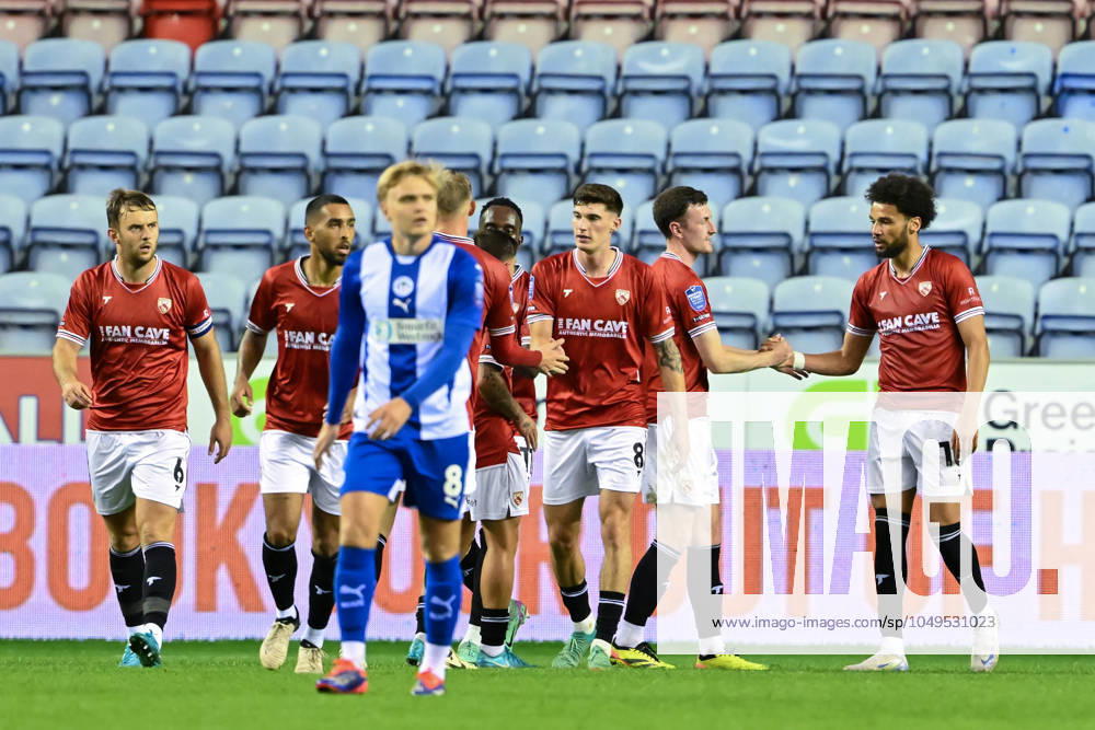 Bristol Street Motors Trophy Wigan Athletic v Morecambe Lee Angol of Morecambe celebrates his goal to make it 1-2 Morecambe during the Bristol Street Motors Trophy match Wigan Athletic vs Morecambe at DW Stadium, Wigan, United Kingdom, 3rd September 2024 (Photo by Cody Froggatt News Images) Wigan DW Stadium Greater Manchester United, ManU Kingdom