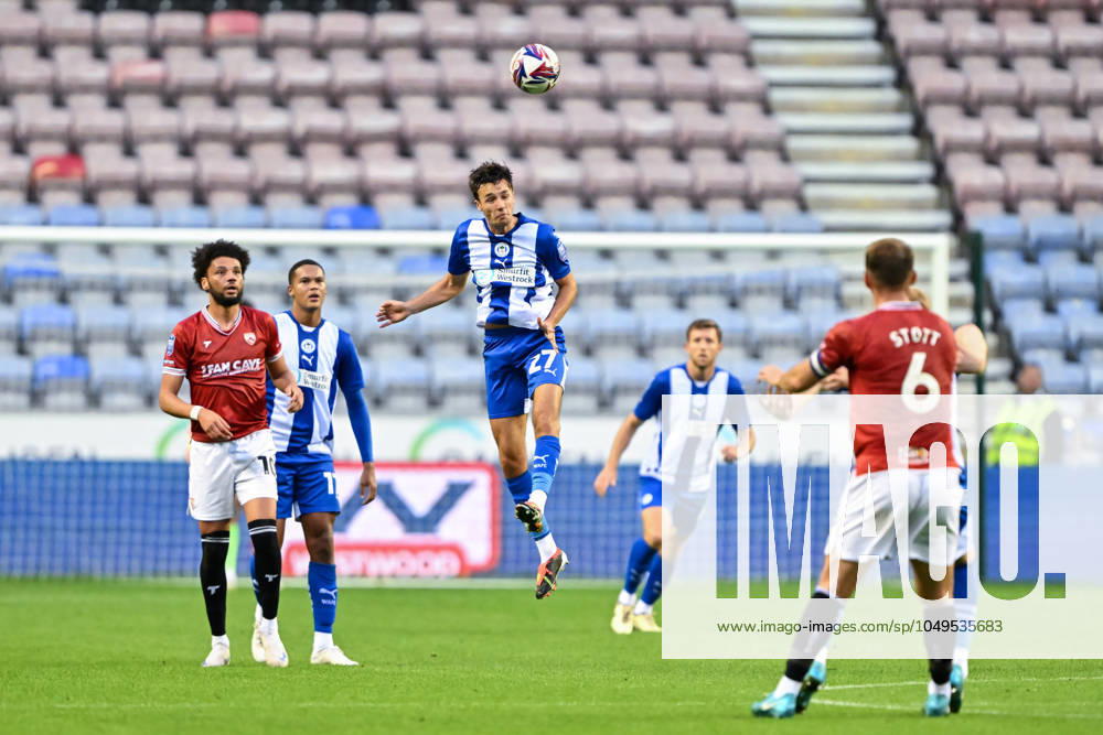 Bristol Street Motors Trophy Wigan Athletic v Morecambe Kai Payne of Wigan Athletic heads the ball during the Bristol Street Motors Trophy match Wigan Athletic vs Morecambe at DW Stadium, Wigan, United Kingdom, 3rd September 2024 (Photo by Cody Froggatt News Images) Wigan DW Stadium Greater Manchester United, ManU Kingdom