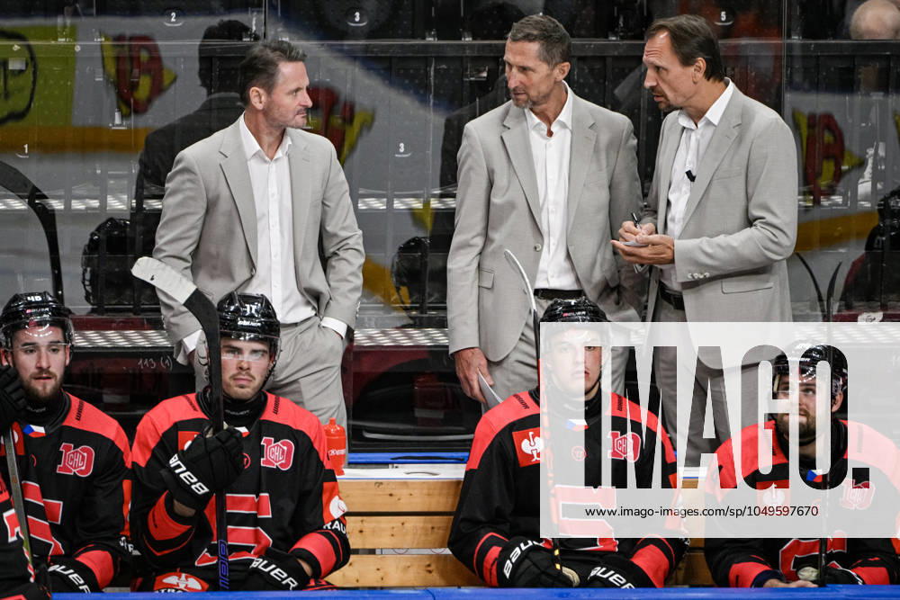 From right (back) head coach of Sparta Pavel Gross and asistants Antonin Stavjana, Otakar Vejvoda during the Hockey Champions League match HC Sparta Praha vs Tappara Tampere in Prague, Czech Republic, September 5, 2024. (CTKxPhoto VitxSimanek) CTKPhotoF202409060000601 CTKPhotoF202409060000601