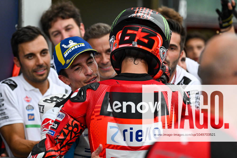 - MotoGP - GP15 - Gran Premio Red Bull di San Marino e della Riviera di Rimini - Race Marc Marquez Spanish Gresini Racing MotoGP Ducati hugs Francesco Bagnaia Italian Ducati Lenovo Team Ducati during GP15 - Gran Premio Red Bull di San Marino e della Riviera di Rimini - Race, MotoGP World Championship, WM, Weltmeisterschaft in Misano Adriatico, Italy, September 08 2024 Misano Adriatico Italy