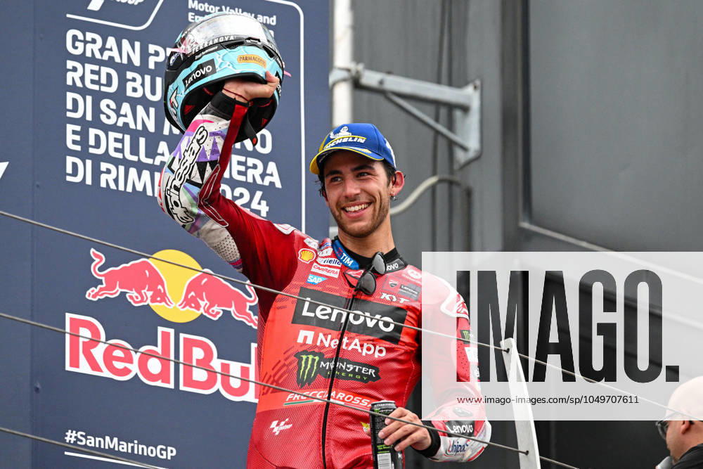 - MotoGP - GP15 - Gran Premio Red Bull di San Marino e della Riviera di Rimini - Race Enea Bastianini Italian Ducati Lenovo Team Ducati celebrates third place in the MotoGP Race during GP15 - Gran Premio Red Bull di San Marino e della Riviera di Rimini - Race, MotoGP World Championship, WM, Weltmeisterschaft in Misano Adriatico, Italy, September 08 2024 Misano Adriatico Italy