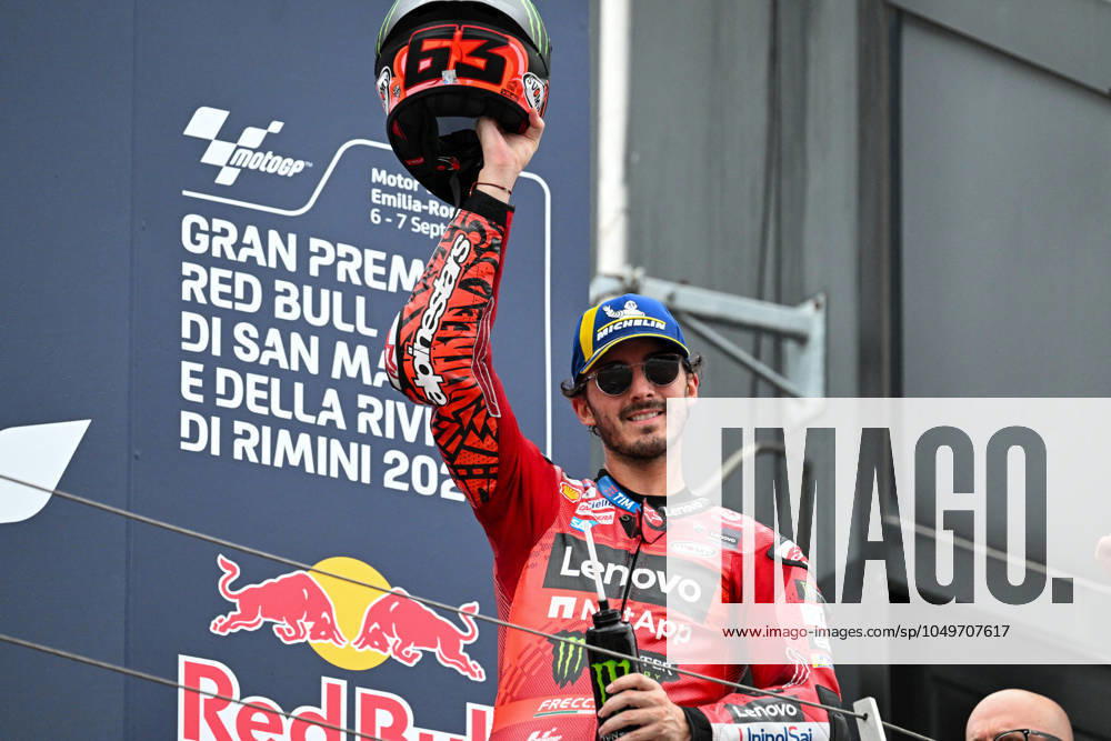 - MotoGP - GP15 - Gran Premio Red Bull di San Marino e della Riviera di Rimini - Race Francesco Bagnaia Italian Ducati Lenovo Team Ducati celebrates second place in the MotoGP Race during GP15 - Gran Premio Red Bull di San Marino e della Riviera di Rimini - Race, MotoGP World Championship, WM, Weltmeisterschaft in Misano Adriatico, Italy, September 08 2024 Misano Adriatico Italy