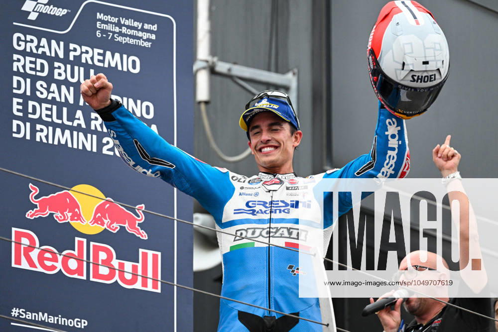 - MotoGP - GP15 - Gran Premio Red Bull di San Marino e della Riviera di Rimini - Race Marc Marquez Spanish Gresini Racing MotoGP Ducati celebrates the first place of the Gran Premio Red Bull di San Marino e della Riviera di Rimini Race during GP15 - Gran Premio Red Bull di San Marino e della Riviera di Rimini - Race, MotoGP World Championship, WM, Weltmeisterschaft in Misano Adriatico, Italy, September 08 2024 Misano Adriatico Italy
