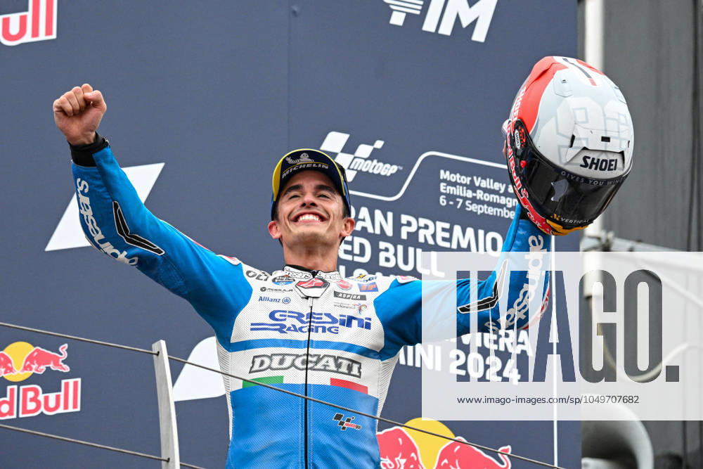 - MotoGP - GP15 - Gran Premio Red Bull di San Marino e della Riviera di Rimini - Race Marc Marquez Spanish Gresini Racing MotoGP Ducati celebrates the first place of the Gran Premio Red Bull di San Marino e della Riviera di Rimini Race during GP15 - Gran Premio Red Bull di San Marino e della Riviera di Rimini - Race, MotoGP World Championship, WM, Weltmeisterschaft in Misano Adriatico, Italy, September 08 2024 Misano Adriatico Italy