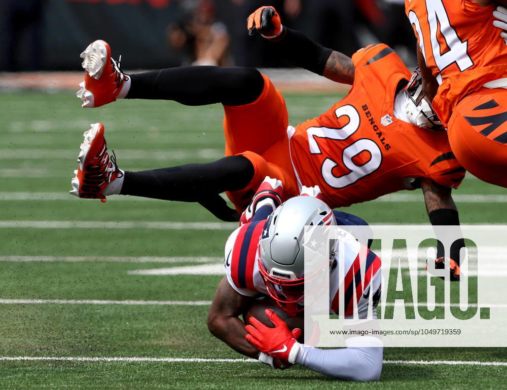 New England Patriots wide receiver DeMario Douglas (3) is tackled by Cincinnati Bengals Cam Taylor-Britt (29) during the first half of play at Paycor Stadium on Sunday, September 8, 2024 in Cincinnati, Ohio. KYP20240908010 JOHNxSOMMERSxII