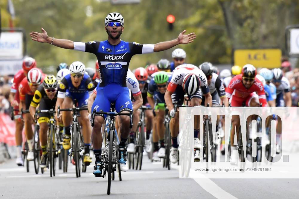 Paris-Tours 2016 cycling race TOURS, FRANCE - OCTOBER 9 : GAVIRIA RENDON Fernando (COL) Rider of ETIXX - QUICK STEP celebrates the victory before DEMARE Arnaud (FRA) Rider of FDJ and VANGENECHTEN Jonas (BEL) Rider of IAM CYCLING during the 110th edition of the Paris-Tours cycling race with start in Dreux and finish in Tours on October 09, 2016 in Tours, France, 9 10 2016 TOURS FRANCE